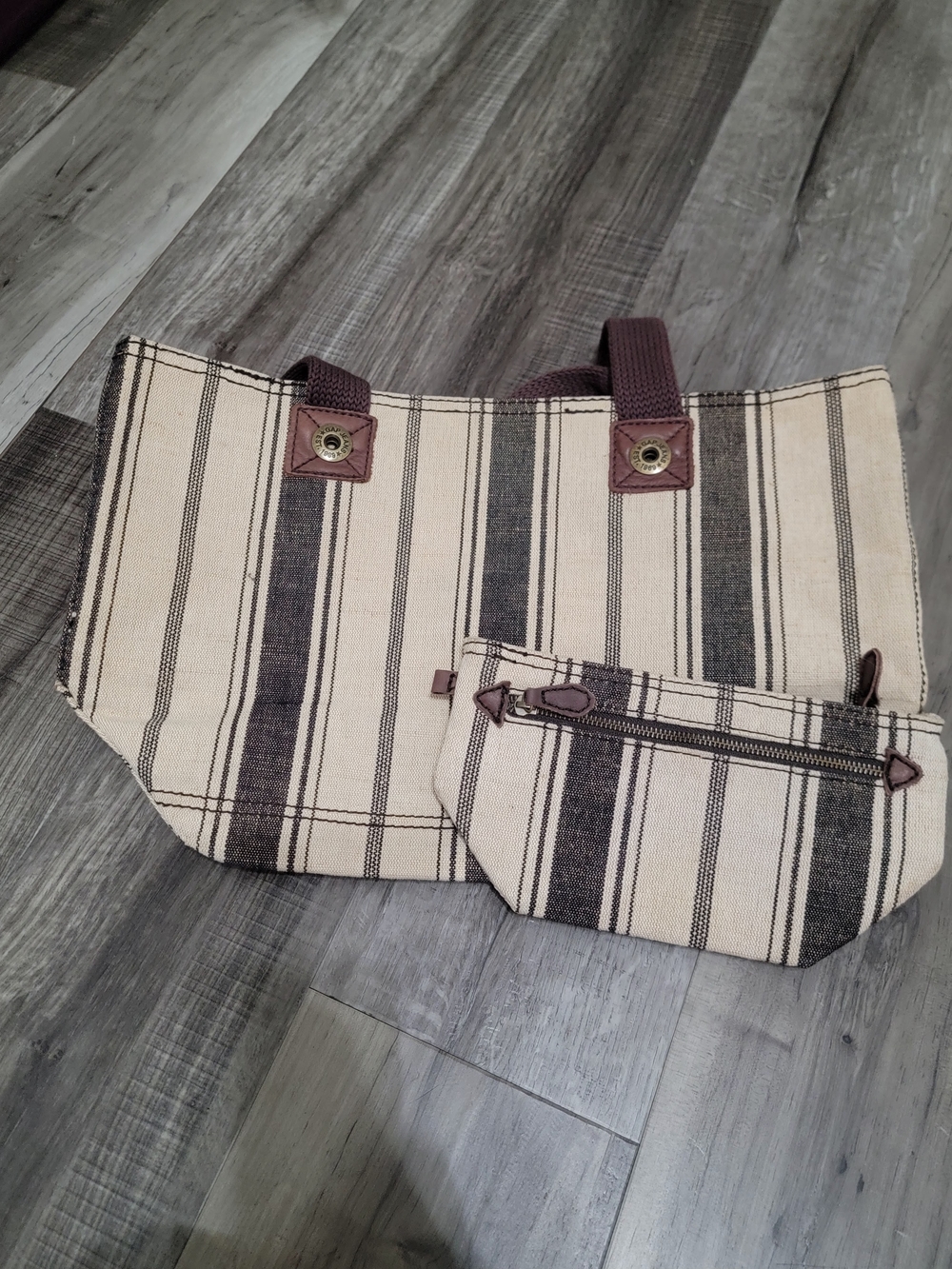 GAP Cream and Brown Striped Canvas Tote with Matching Pouch